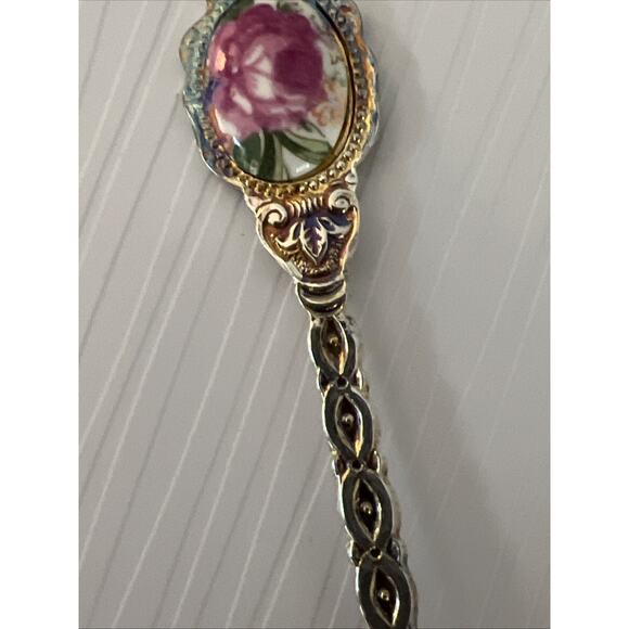 Vtg Porcelain Tea Sugar Spoon Coffee Pink Roses Stainless Steel 4.5" Set of 6 - Picture 6 of 7